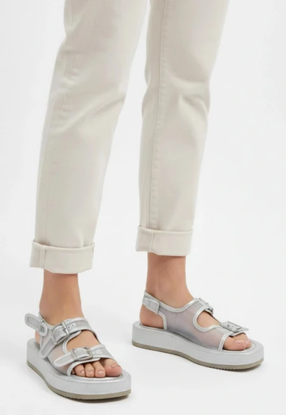 Sinna Gümüş Cilt Tül Detaylı Sandalet ürün görseli 1