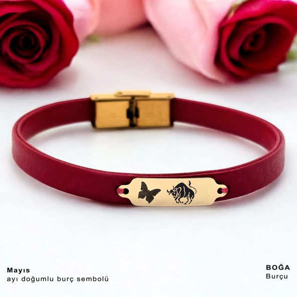 14 Ayar Altın Plakalı Burca Özel Kelebek Figürlü Doğal Kırmızı Derili Hediye Bileklik-652 ürün görseli