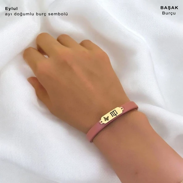 14 Ayar Altın Plakalı Doğum Ayına Özel Koyu Pembe Derili Kelebek Figürlü Hediye Bileklik-654 - Resim 2