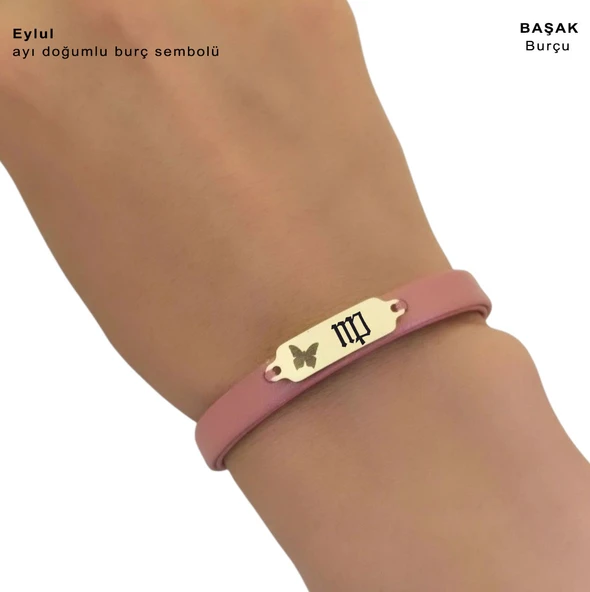 14 Ayar Altın Plakalı Doğum Ayına Özel Koyu Pembe Derili Kelebek Figürlü Hediye Bileklik-654 - Resim 3