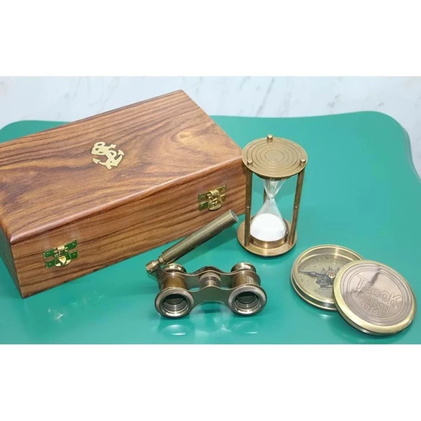 pilelistore Ahşap Kutulu Pirinç Pusula Kumsaati Dürbün Seti