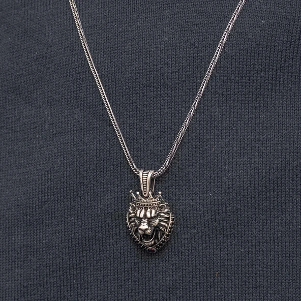 pilelistore Gümüş Taçlı Aslan Figürlü Erkek Kolye - 5