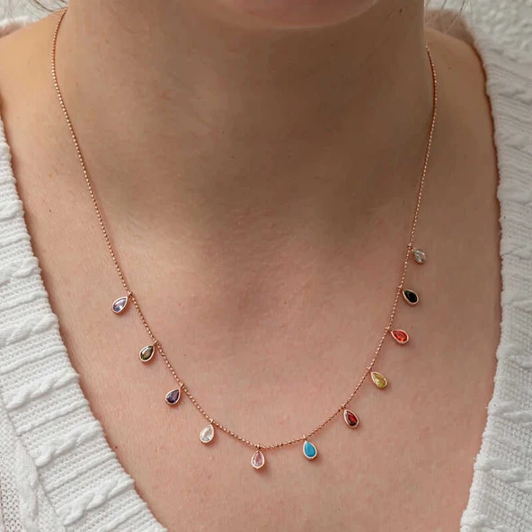 pilelistore Gümüş Renkli Damla Taşlı Şans Kadın Kolye