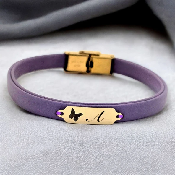 14 Ayar Altın Plakalı Harfe Özel Kelebek Motifli Doğal Mor Derili Hediye Bileklik-653 ürün görseli