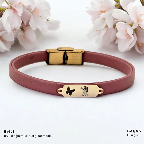 14 Ayar Altın Plakalı Burca Özel Kelebek Figürlü Koyu Pembe Derili Hediye Bileklik-654 ürün görseli