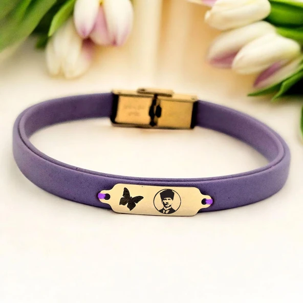 14 Ayar Altın Plakalı Sembole Özel Doğal Mor Derili Kelebek Motifli Hediye Bileklik-653 ürün görseli