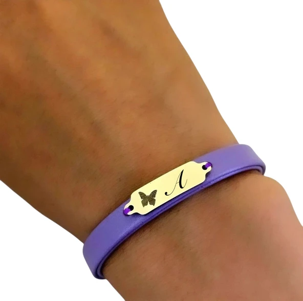 14 Ayar Altın Plakalı Harfe Özel Kelebek Motifli Doğal Mor Derili Hediye Bileklik-653 - Resim 3