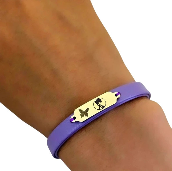 14 Ayar Altın Plakalı Sembole Özel Doğal Mor Derili Kelebek Motifli Hediye Bileklik-653 - Resim 3