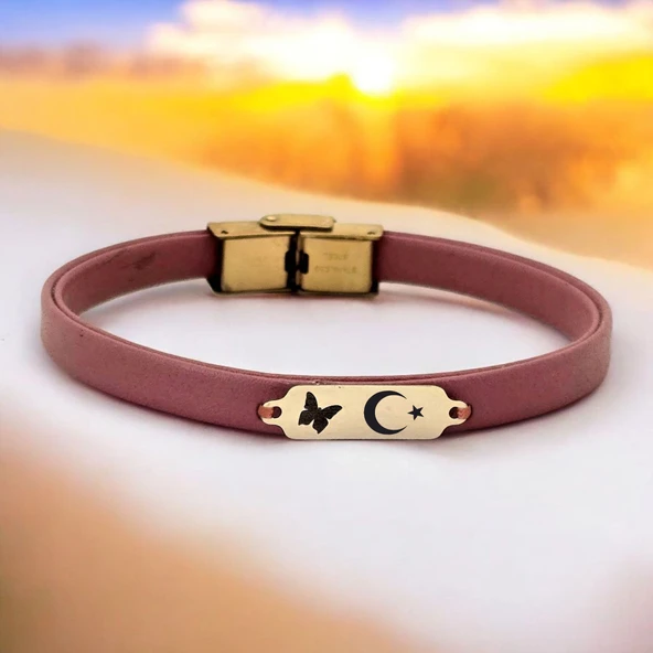 14 Ayar Altın Plakalı Sembole Özel Koyu Pembe Derili Kelebek Figürlü Hediye Bileklik-654 ürün görseli