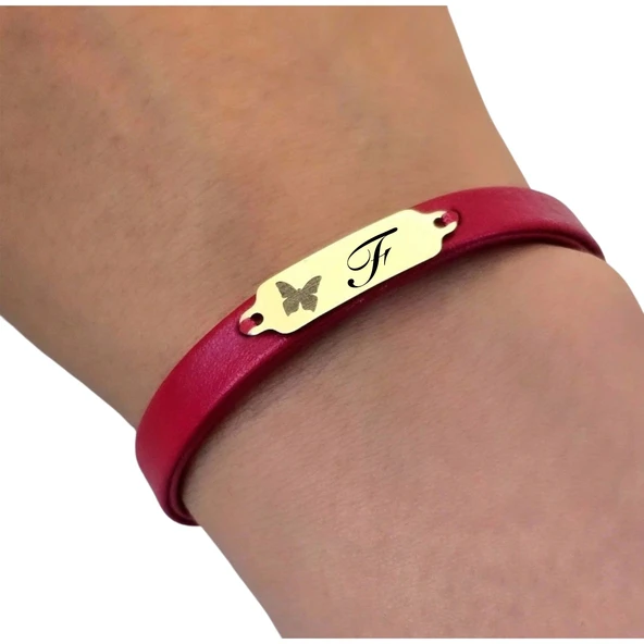 14 Ayar Altın Plakalı Harfe Özel Kelebek Figürlü Doğal Kırmızı Derili Hediye Bileklik-652 - Resim 3