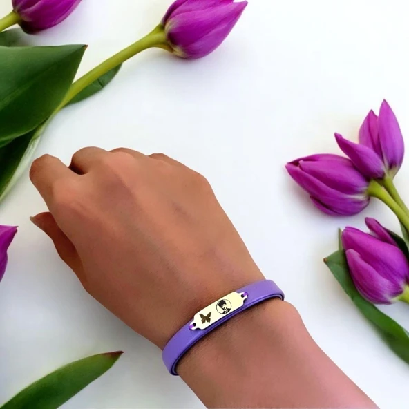 14 Ayar Altın Plakalı Sembole Özel Doğal Mor Derili Kelebek Motifli Hediye Bileklik-653 - Resim 2