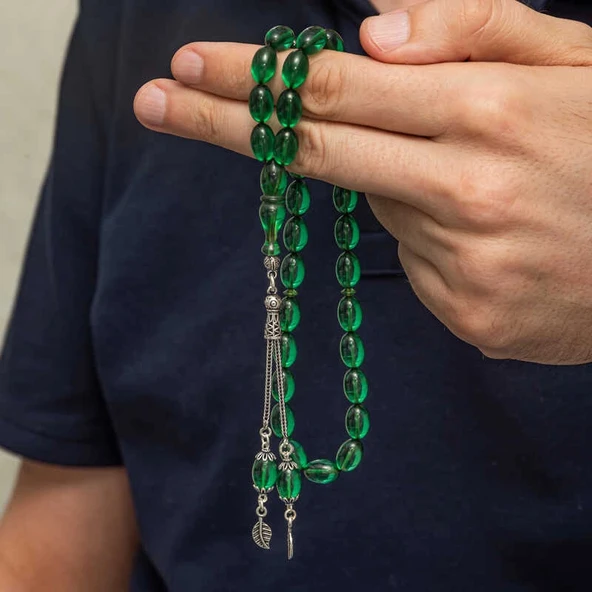 pilelistore Gümüş Püsküllü Yeşil Ateş Kehribar Tesbih - 2