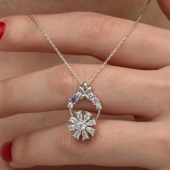 pilelistore Gümüş Beyaz Dönen Çiçek Kadın Kolye