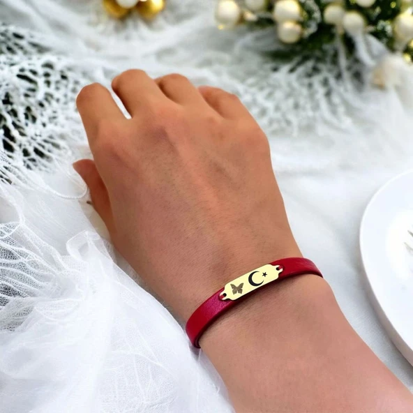 14 Ayar Altın Plakalı Sembole Özel Doğal Kırmızı Derili Kelebek Figürlü Hediye Bileklik-652 - Resim 2