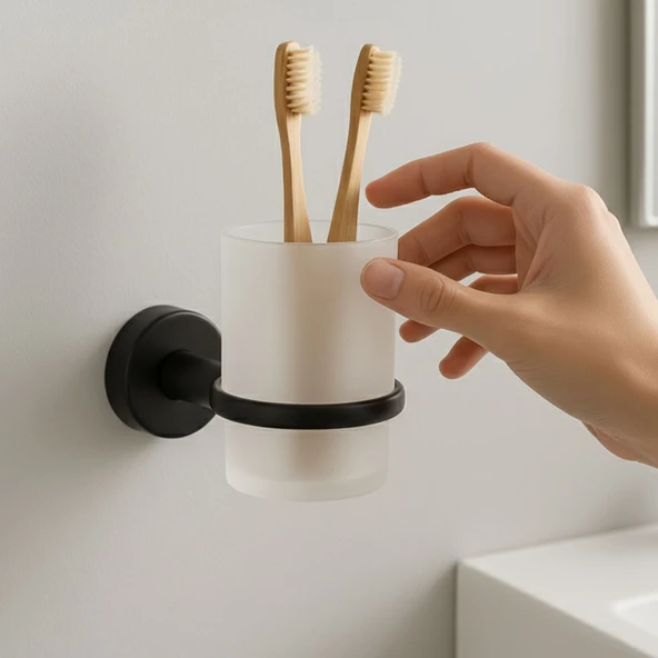 Diş Fırçalık Plastik Hazneli Banyo Wc Duvara Monte Vidalı Dübel Dahil Siyah Tekli Aksesuar - Resim 2