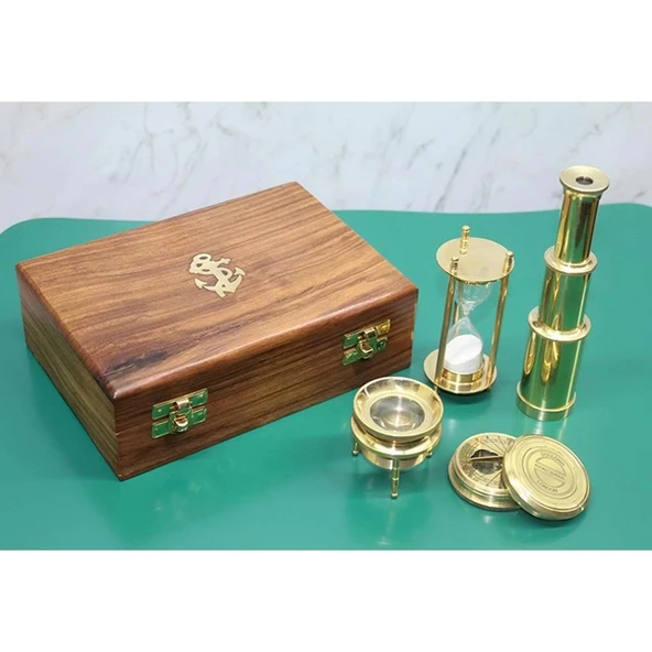 pilelistore Ahşap Kutulu Dürbün Kumsaati Büyüteç Pusula Seti - Resim 2