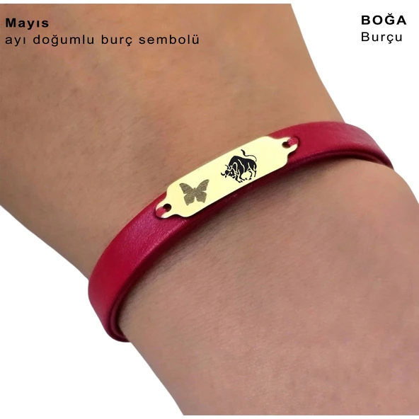 14 Ayar Altın Plakalı Burca Özel Kelebek Figürlü Doğal Kırmızı Derili Hediye Bileklik-652 - Resim 3