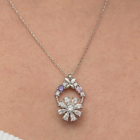 pilelistore Gümüş Beyaz Dönen Çiçek Kadın Kolye - 4