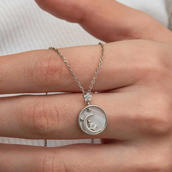 pilelistore Gümüş Sedef Taşlı Ay Yıldız Hilal Kadın Kolye ürün görseli 1