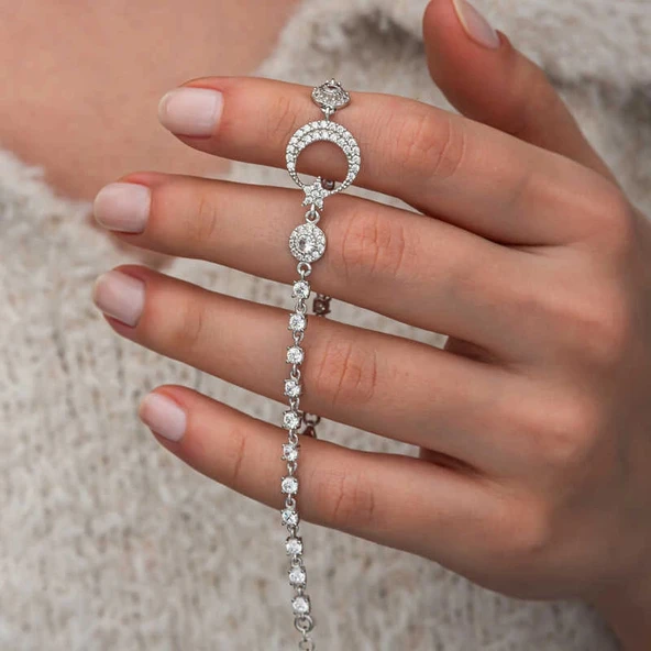 pilelistore Gümüş Zirkon Taşlı Ay Yıldız Kadın Bileklik ürün görseli 1