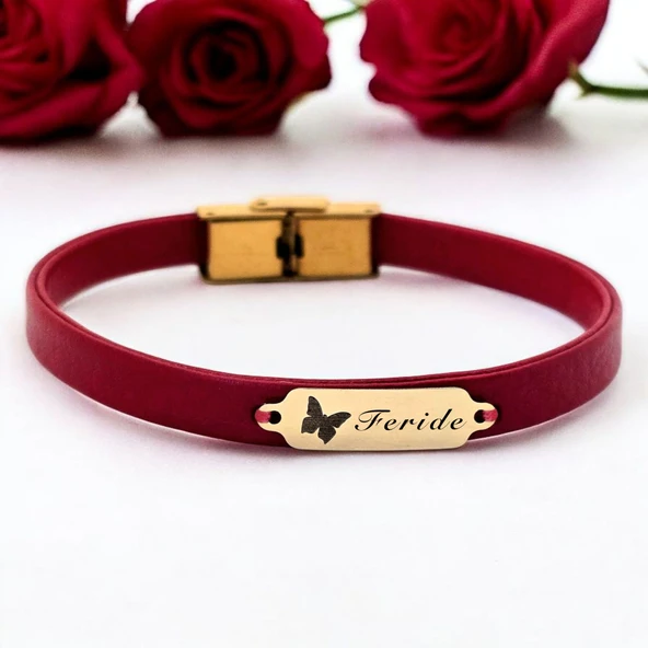 14 Ayar Altın Plakalı İsme Özel Doğal Kırmızı Derili Kelebek Figürlü Hediye Bileklik-652 ürün görseli