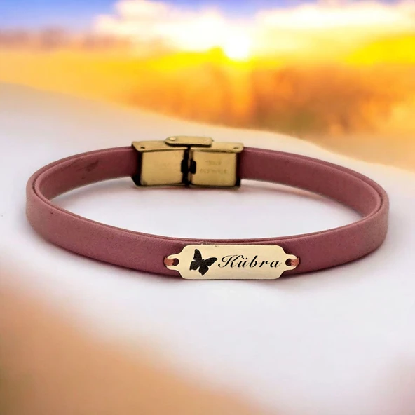 14 Ayar Altın Plakalı İsme Özel Koyu Pembe Derili Kelebek Figürlü Hediye Bileklik-654 ürün görseli