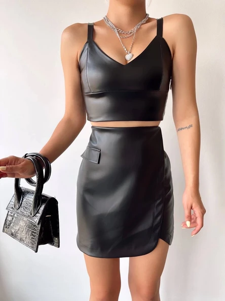 BİÇOMİ Cep detaylı oval kapaklı deri etek siyah h240048 - Resim 2