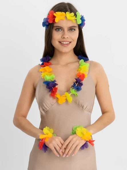 pilelistore Rengarenk Hawaii Kolye Taç Bileklik Seti 4 Parça