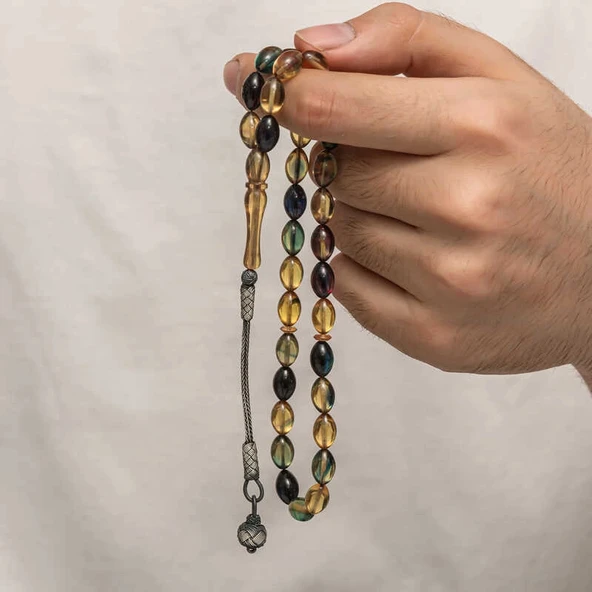 pilelistore Gümüş Kazaz Püsküllü Sıkma Kehribar Tesbih - 4