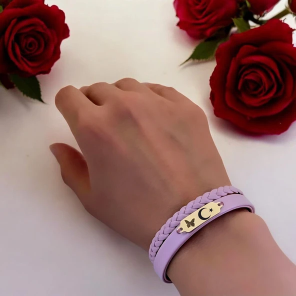 14 Ayar Altın Plakalı Sembole Özel Açık Mor Derili Kelebek Motifli Hediye Bileklik-655 - Resim 2