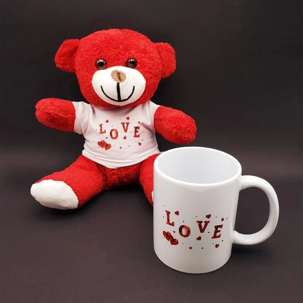 pilelistore Love Tasarımlı Kupa Bardak Ve Kırmızı Ayıcık Seti