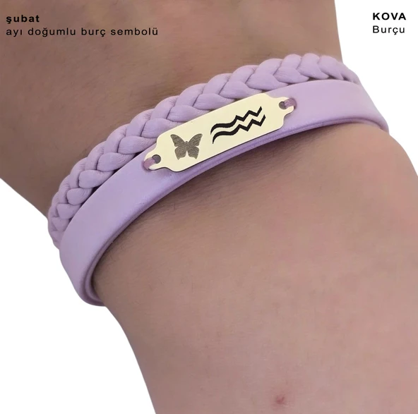 14 Ayar Altın Plakalı Doğum Ayına Özel Açık Mor Derili Kelebek Motifli Hediye Bileklik-655 - Resim 3