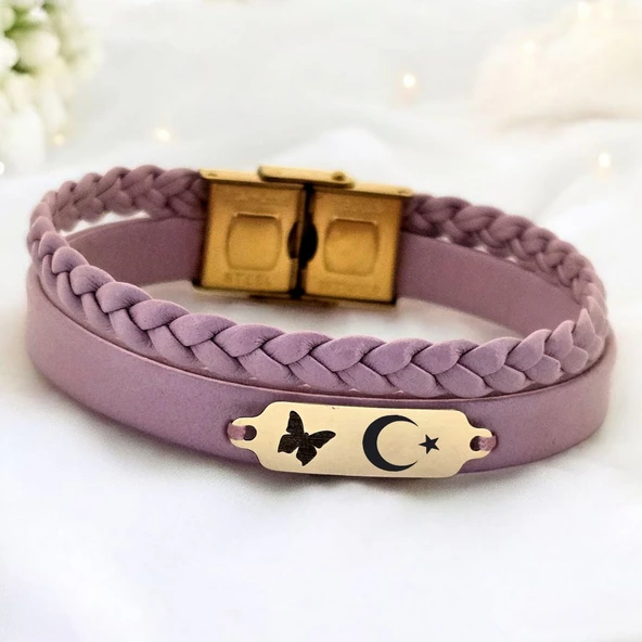14 Ayar Altın Plakalı Sembole Özel Açık Mor Derili Kelebek Motifli Hediye Bileklik-655 ürün görseli