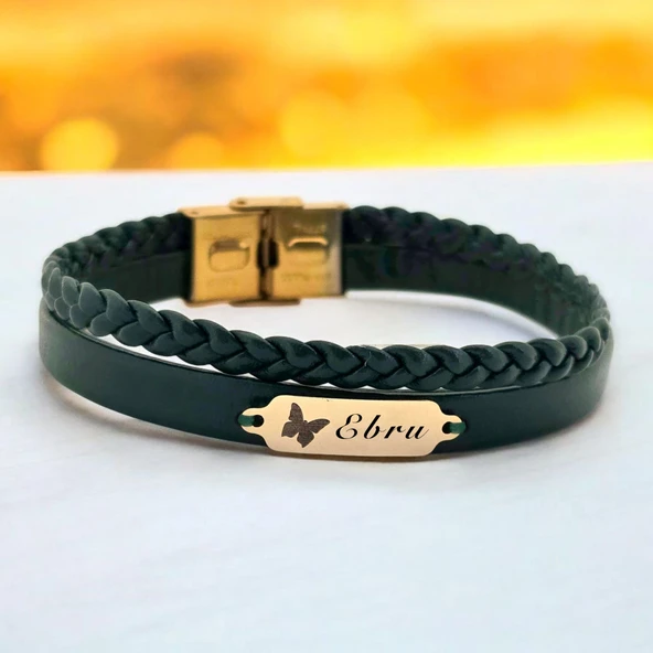 14 Ayar Altın Plakalı İsme Özel Hakiki Koyu Yeşil Derili Kelebek Figürlü Hediye Bileklik-656 ürün görseli