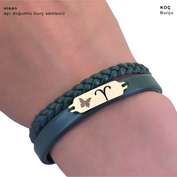 14 Ayar Altın Plakalı Doğum Ayına Özel Hakiki Koyu Yeşil Derili Kelebek Figürlü Hediye Bileklik-656 - Resim 3