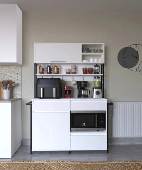 LENDA Milan Çekmeceli Kapaklı Raflı Metalli Kahve Köşesi - Beyaz