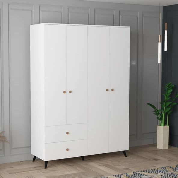 LENDA Arden 4 Kapaklı 2 Çekmeceli Gardırop - Beyaz