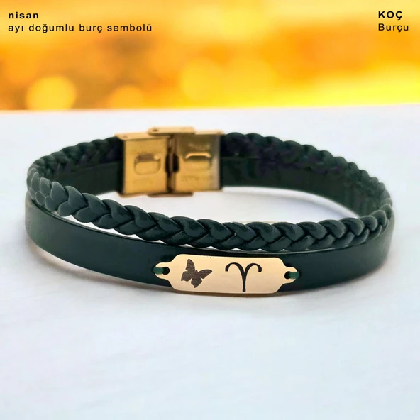 14 Ayar Altın Plakalı Doğum Ayına Özel Hakiki Koyu Yeşil Derili Kelebek Figürlü Hediye Bileklik-656 ürün görseli