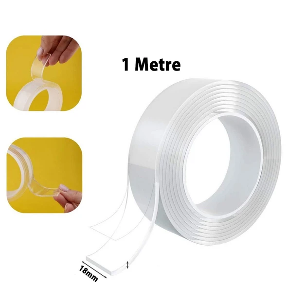 Çift Taraflı Şeffaf Nano Silikon Bant 18 mm 1 mt Güçlü Yapışkan İz Bırakmaz Şeffaf Bant - Resim 2