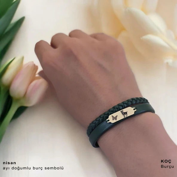 14 Ayar Altın Plakalı Burca Özel Kelebek Figürlü Hakiki Koyu Yeşil Derili Hediye Bileklik-656 - Resim 2