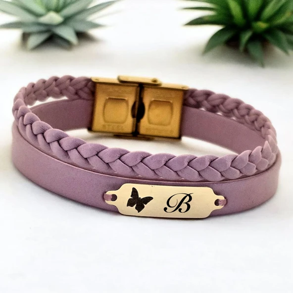 14 Ayar Altın Plakalı Harfe Özel Kelebek Motifli Açık Mor Derili Hediye Bileklik-655 ürün görseli