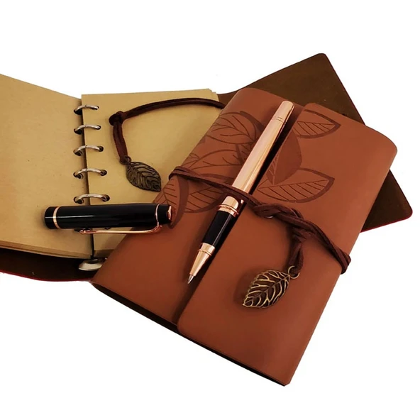pilelistore Ahşap Kutulu Taba Renk Deri Defter ve Kalem Set - 2