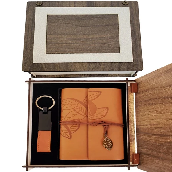 pilelistore Özel Ahşap Kutulu Taba Deri Defter ve Anahtarlık Set