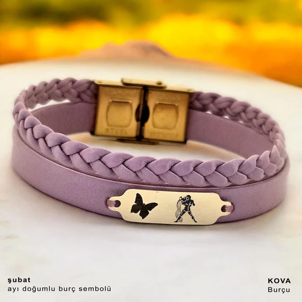 14 Ayar Altın Plakalı Burca Özel Kelebek Motifli Açık Mor Derili Hediye Bileklik-655 ürün görseli