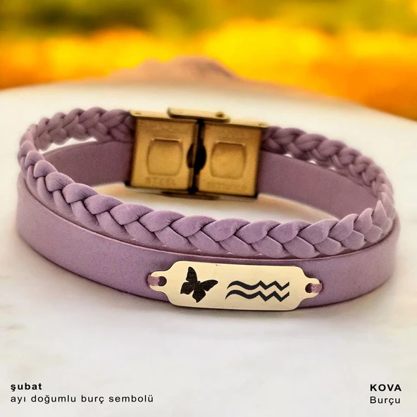 14 Ayar Altın Plakalı Doğum Ayına Özel Açık Mor Derili Kelebek Motifli Hediye Bileklik-655 ürün görseli