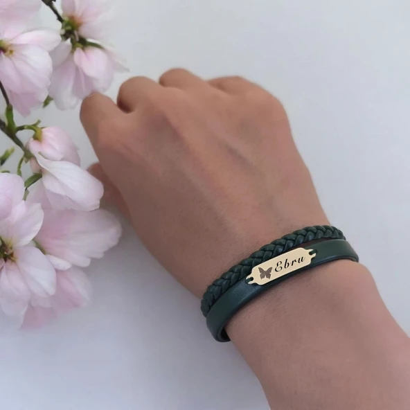 14 Ayar Altın Plakalı İsme Özel Hakiki Koyu Yeşil Derili Kelebek Figürlü Hediye Bileklik-656 - Resim 2