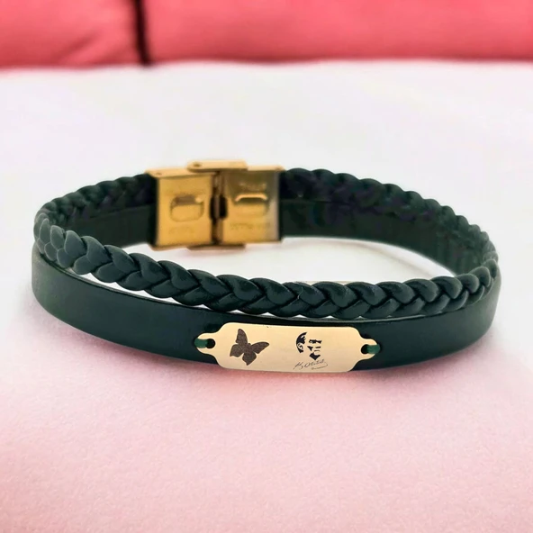 14 Ayar Altın Plakalı Sembole Özel Hakiki Koyu Yeşil Derili Kelebek Figürlü Hediye Bileklik-656 ürün görseli