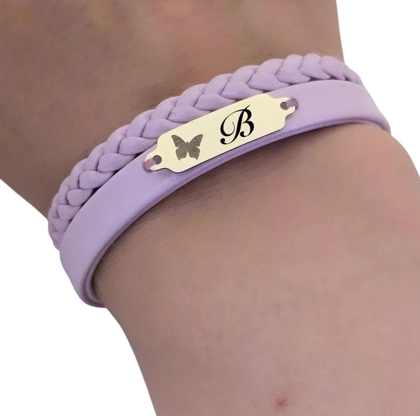 14 Ayar Altın Plakalı Harfe Özel Kelebek Motifli Açık Mor Derili Hediye Bileklik-655 - Resim 3