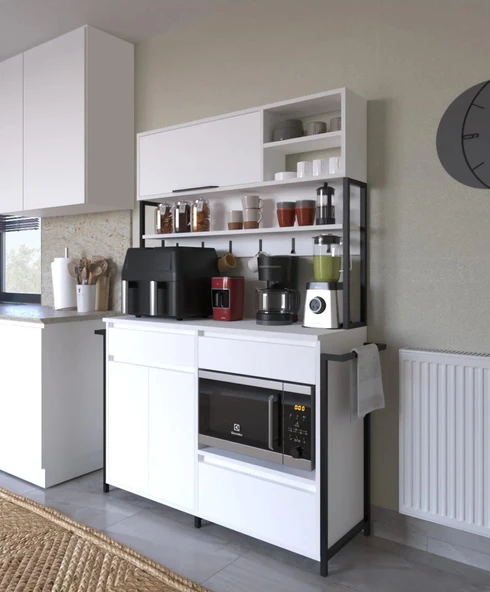 LENDA Milan Çekmeceli Kapaklı Raflı Metalli Kahve Köşesi - Beyaz - 3