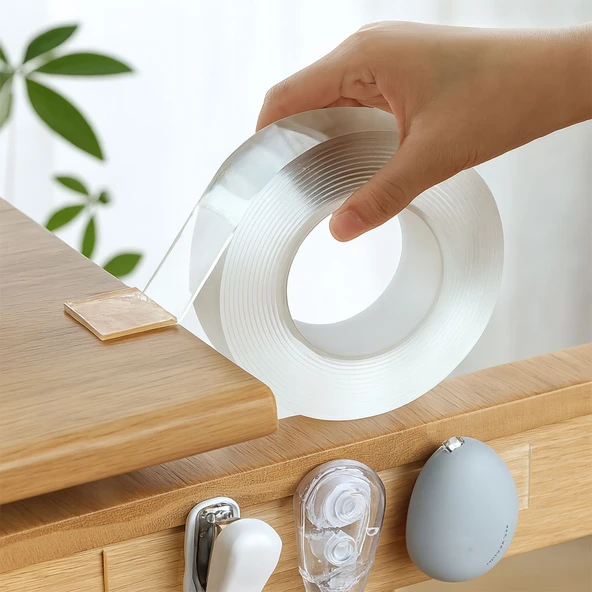 Çift Taraflı Şeffaf Nano Silikon Bant 18 mm 1 mt Güçlü Yapışkan İz Bırakmaz Şeffaf Bant - Resim 6